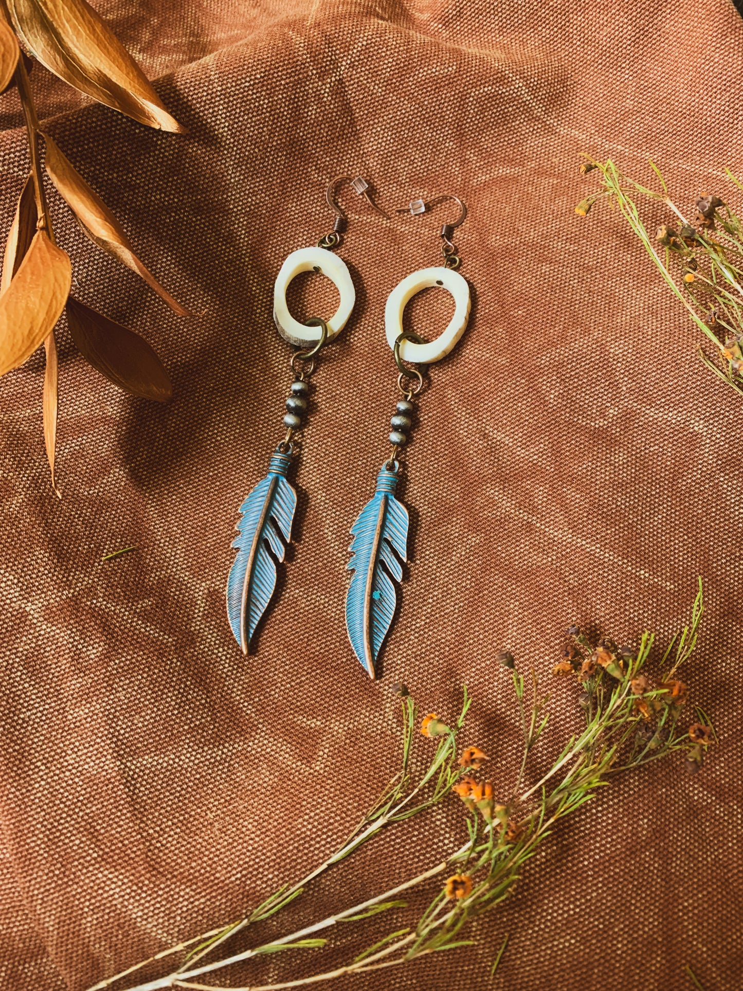 Copper Feather Antler Earrings